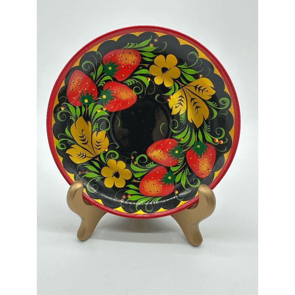 Khokhloma Russian Hand Painted Plates Set of 6 MCM Vintage Folk Art Vintage